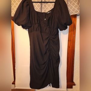 NWT Pretty Little Thing Plus Black Puff Sleeve Ruched Side Split Midi Dress